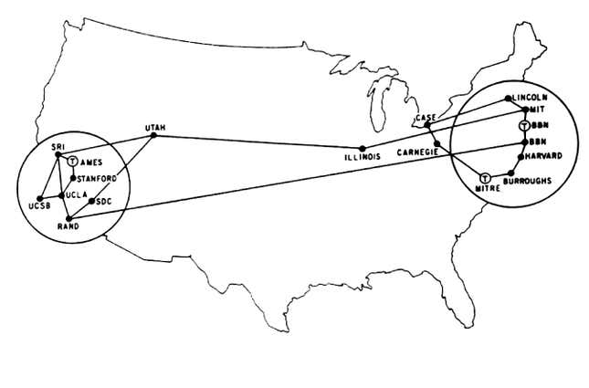 Map from 1972 showing the communication centers and relays (nodes) of new communication systems ARPANET