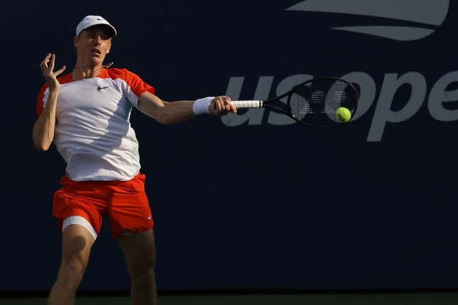 Sep 3, 2022; Flushing, NY, USA; Denis Shapovalov (CAN) hits a forehand against Andrey Rublev hits a backhand against Denis Shapovalov (CAN) (not pictured) on day six of the 2022 U.S. Open tennis tournament at USTA Billie Jean King Tennis Center.