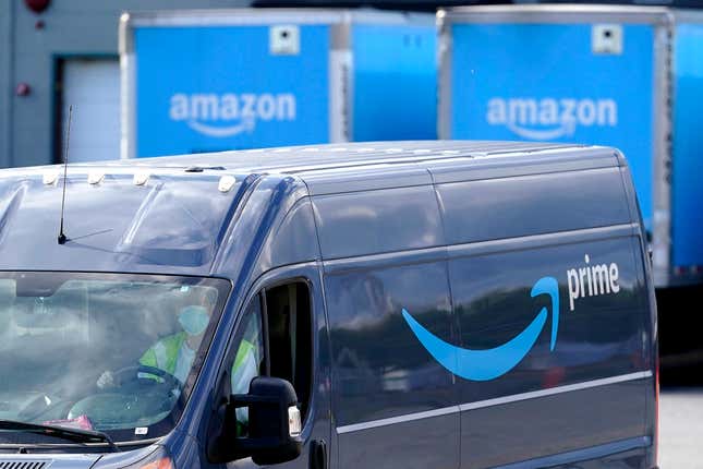 FILE - The Amazon Prime logo appears on the side of a delivery van as it departs an Amazon Warehouse location, Oct. 1, 2020, in Dedham, Mass. Amazon announced at a conference for delivery firms on Tuesday, Sept. 12, 2023, that it will invest $440 million over the next year to increase pay rates for drivers. It did not disclose how much the bump will be, but said it expects U.S. drivers to earn an average of $20.50 per hour. (AP Photo/Steven Senne, File)