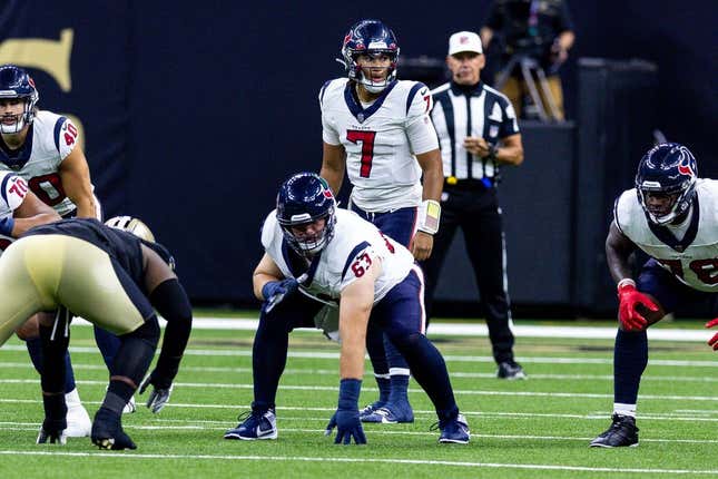 Aug 27, 2023; New Orleans, Louisiana, USA; Houston Texans quarterback C.J. Stroud (7) looks over the New Orleans Saints defensive line  during the first half at the Caesars Superdome.