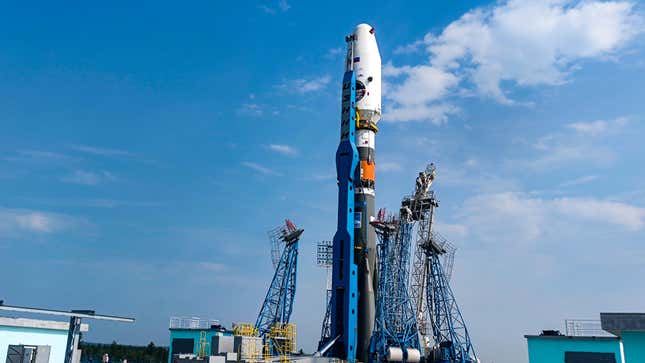 the Soyuz-2.1b rocket with the moon lander Luna 25 automatic station is set at a launch pad at the Vostochny Cosmodrome in the Russian Far East on Tuesday, Aug. 8, 2023.