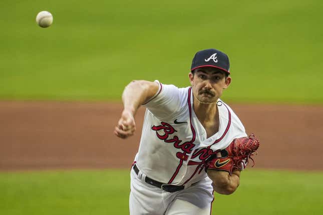 Apr 6, 2023; Cumberland, Georgia, USA; Atlanta Braves starting pitcher Spencer Strider (99) pitches against the San Diego Padres during the first inning at Truist Park.