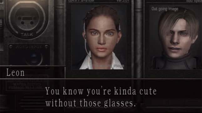 A screenshot from Resident Evil 4 showing Leon's dialogue, "You know you're kinda cute without those glasses."