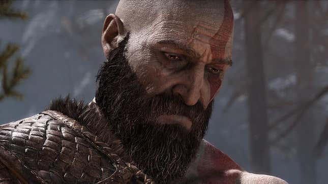 God of War's Kratos holds his head in sadness for the state of the nation's men. 