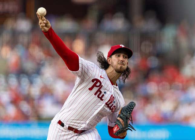 Aug 9, 2023; Philadelphia, Pennsylvania, USA; Philadelphia Phillies starting pitcher Michael Lorenzen (22) throws a pitch during the second inning against the Washington Nationals at Citizens Bank Park.