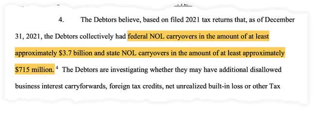 "federal NOL carryovers in the amount of at least approximately $3.7 billion and state NOL carryovers in the amount of at least approximately $715 million."