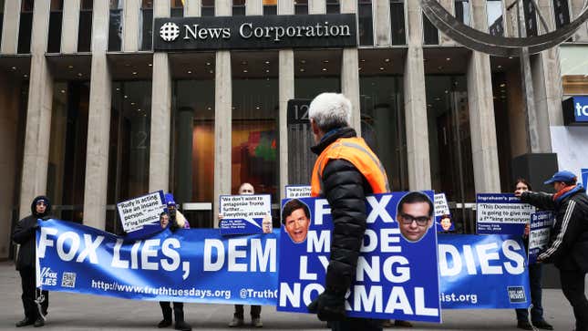 Members of Rise and Resist participate in their weekly "Truth Tuesday" protest at News Corp headquarters on February 21, 2023 in New York City. Text messages and emails between various Fox News hosts and network executives obtained during a defamation lawsuit brought by voting machine company Dominion against Fox News were released last week. They show that company employees had a much different view of election fraud than what was being broadcast on air in order not to lose viewers who supported then-President Donald Trump.