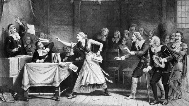 A lithograph of the Salem Witch Trials in Salem, Massachusetts. 