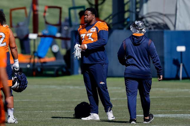 Aug 5, 2022; Englewood, CO, USA; Denver Broncos tackle Cameron Fleming (73) during training camp at the UCHealth Training Center.