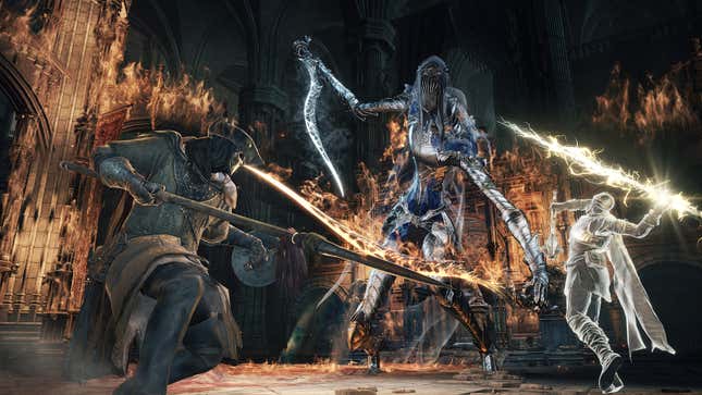 Two soldiers wearing armor fight a wraith in Dark Souls 3.