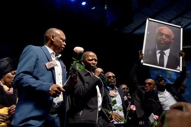 Kwaito artists paying tribute at the funeral service of Mandoza in Soweto on Sept. 23.