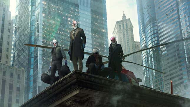 Four Payday 3 characters stand on the roof of a building, a helicopter behind them.