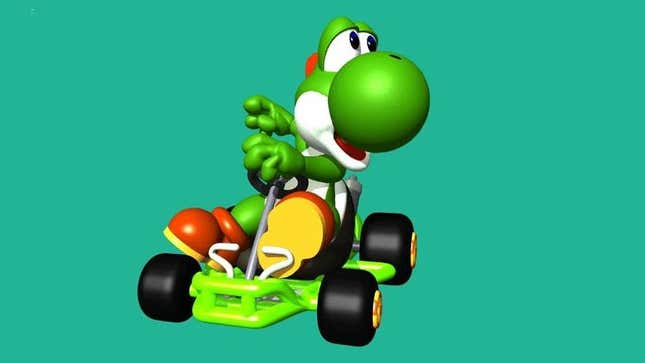 Mario Kart 64's Yoshi driving a racing cart.