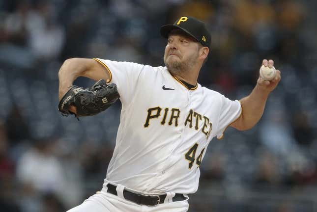 Apr 22, 2023; Pittsburgh, Pennsylvania, USA;  Pittsburgh Pirates starting pitcher Rich Hill (44) delivers a pitch against the Cincinnati Reds during the first inning at PNC Park.