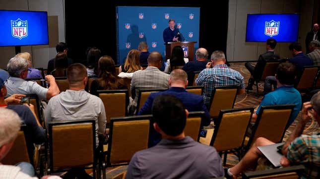 NFL Commissioner Roger Goodell speaks during a media availability at the NFL football meetings
