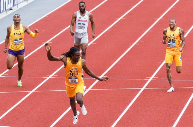 NCAT’s Randolph Ross cruises to a first-place finish in the men’s 400 meter event.