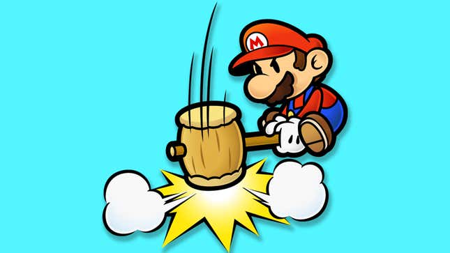 Mario slamming a large hammer down.