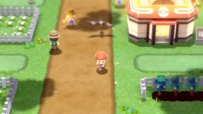 A Pokémon trainer runs down a street in a town in Pokémon BDSP on Nintendo Switch.