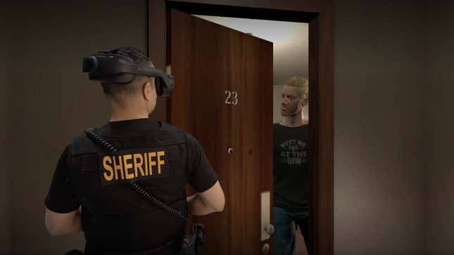 A screenshot of Axon's new virtual reality training on domestic violence for police. 