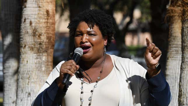 Stacey Abrams speaks at a Democratic canvass kickoff as she campaigns for Joe Biden and Kamala Harris on October 24, 2020.
