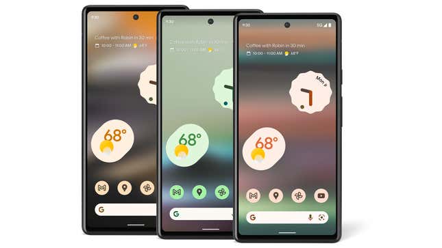 A picture of the front of three Pixel 6a devices
