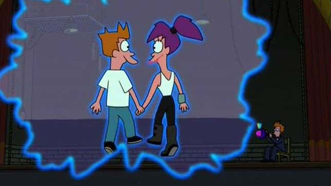 A screenshot shows Fry playing a flute that creates a hologram. 