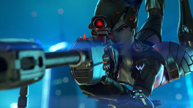 Widowmaker is shown looking through the scope of her sniper rifle as she falls through the air.