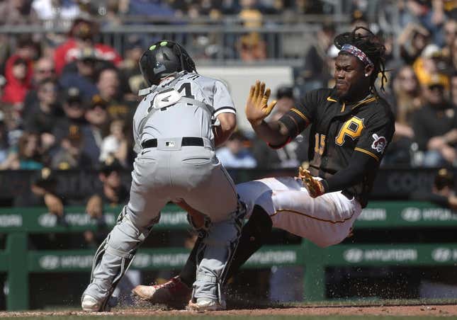Apr 9, 2023; Pittsburgh, Pennsylvania, USA; Chicago White Sox catcher Seby Zavala (44) tags Pittsburgh Pirates shortstop Oneil Cruz (15) out at home plate attempting to score during the sixth inning at PNC Park. Cruz suffered an apparent injury on the play and left the game.