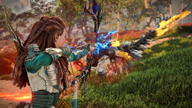 Aloy aims a bow at a robot dinosaur in Horizon Forbidden West with motion controls on PS5.