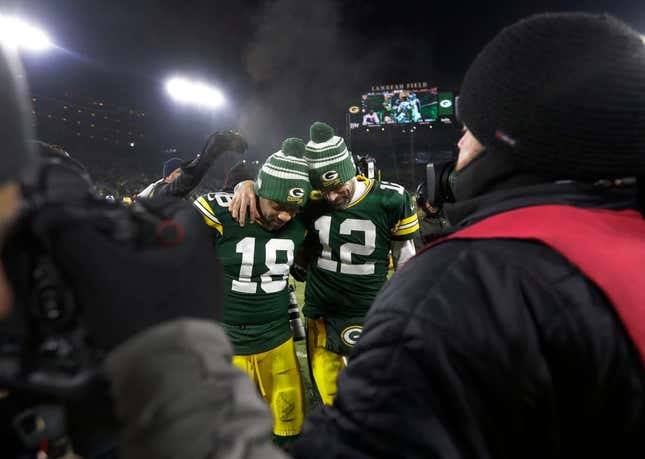 Green Bay Packers wide receiver Randall Cobb (18) and quarterback Aaron Rodgers (12) leave the field together after losing to the Detroit Lions Sunday, January 8, 2023, at Lambeau Field in Green Bay, Wis. Dan Powers/USA TODAY NETWORK-Wisconsin

Apc Packvsdetroit 0108232307djpb