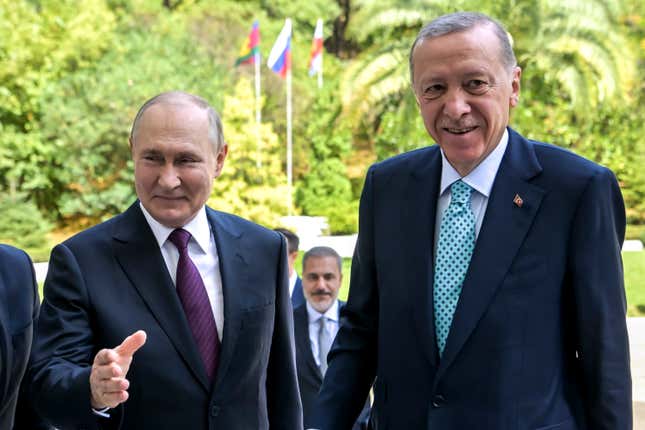 Russian President Vladimir Putin, left, welcomes Turkish President Recep Tayyip Erdogan for the talks at Russia&#39;s Black Sea resort of Sochi, Russia, Monday, Sept. 4, 2023. (Alexei Nikolsky, Sputnik, Kremlin Pool Photo via AP)