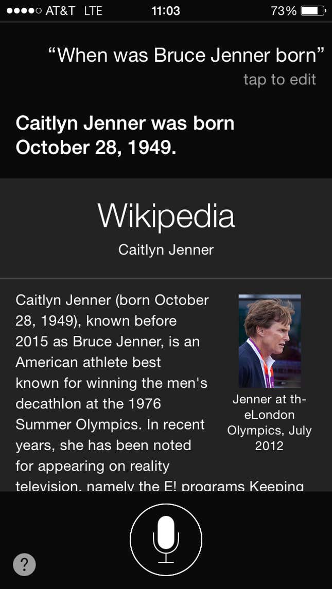Image for article titled Siri’s message to users who call Caitlyn Jenner by her old name is spot-on