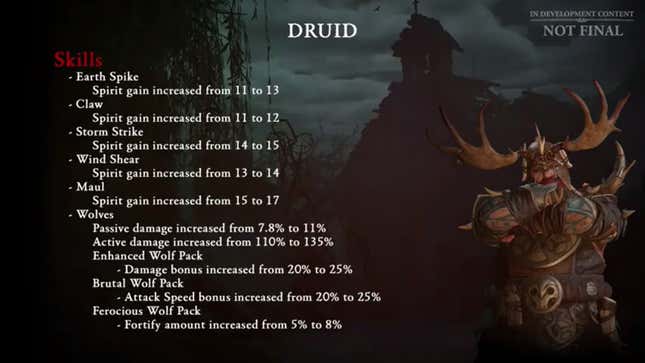 A slide details increased Spirit gains for the Druid in a future Diablo patch.