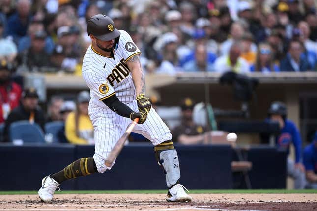 Jun 5, 2023; San Diego, California, USA; San Diego Padres catcher Gary Sanchez (99) hits a two-run home run against the Chicago Cubs during the second inning at Petco Park.