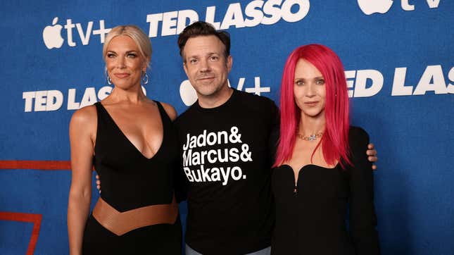Hannah Waddingham, Jason Sudeikis, and Juno Temple at last night’s Ted Lasso season two premiere.