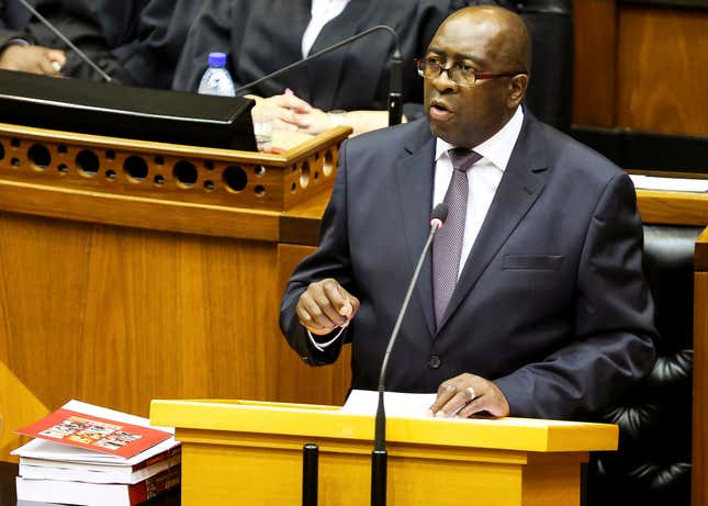 South Africa's fired finance minister Nhlanhla Nene delivering the budget in 2015.