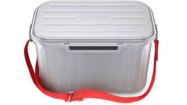 The Oyster Cooler with a red carrying strap attached against a white background.