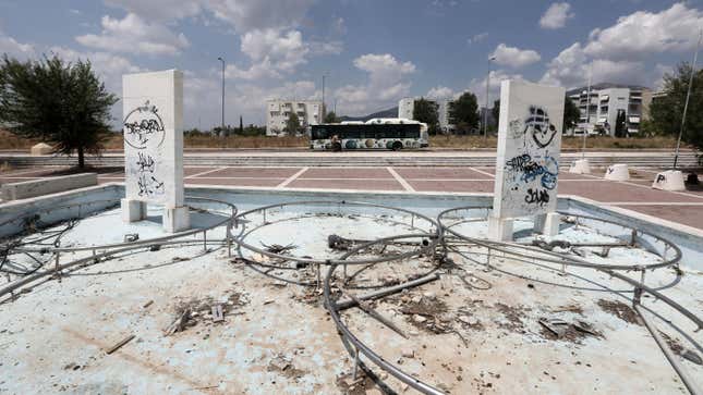 Ten years on from the 2004 games, the Olympic village in Athens is decaying and abandoned.