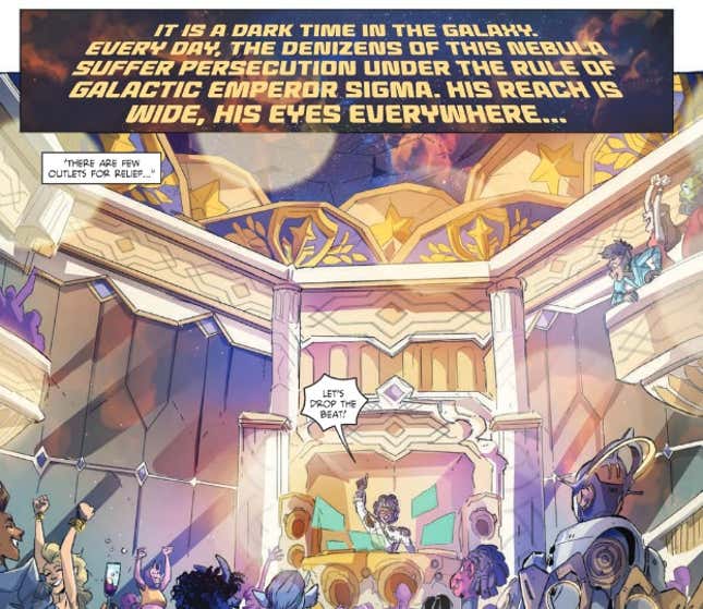 A panel from the Starwatch comic shows Lucio DJing a show.