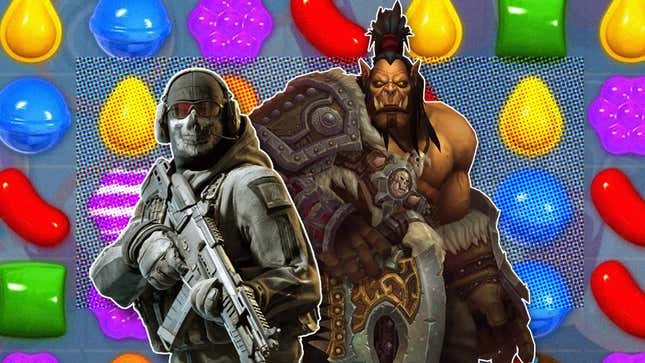 A solider with a rifle stands near a large, brown orc and both are in front of a screenshot of Candy Crush. 