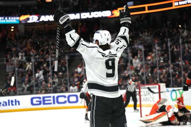 Apr 13, 2023; Anaheim, California, USA; LA Kings right wing Adrian Kempe (9) celebrates after a goal against the Anaheim Ducks in the third period at Honda Center.