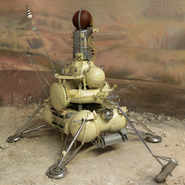 A model of the Soviet Luna 16 lander, which, unlike its immediate predecessor, managed to land on the Moon and return a sample of lunar regolith to Earth.  