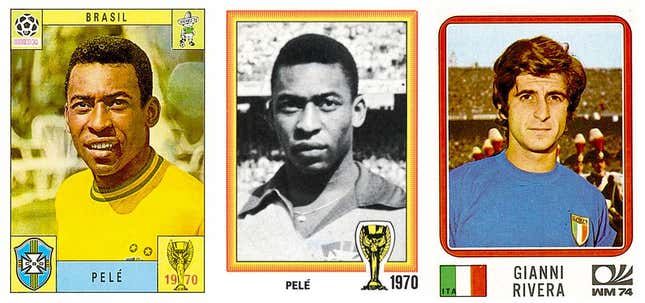 Pelé’s sticker from the 1970 album (Italian and international edition) and Gianni Rivera from the 1974 album.
