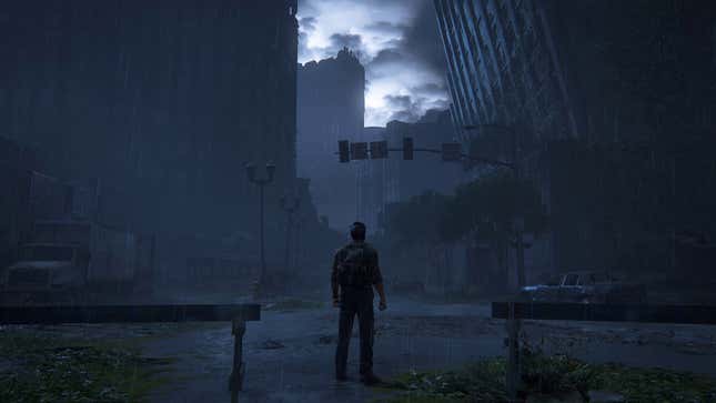 Joel looks out at a destroyed city.