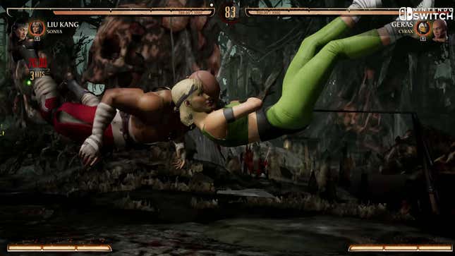 A screenshot shows two fighters executing a special movie in Mortal Kombat 1 on Switch.