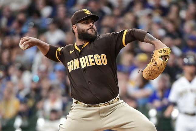 Aug 26, 2023; Milwaukee, Wisconsin, USA; San Diego Padres pitcher Pedro Avila (60) pitches against the Milwaukee Brewers in the first inning at American Family Field.