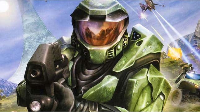 A close up shot of Halo 1-era Master Chief from the cover the first game.