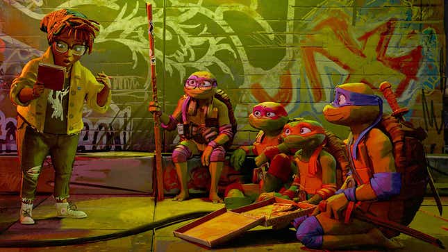 April O'Neil und die Ninja Turtles in TMNT: Mutant Mayhem.