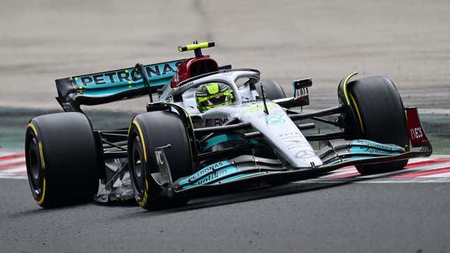 A photo of Lewis Hamilton in his 2022 Mercedes F1 car. 
