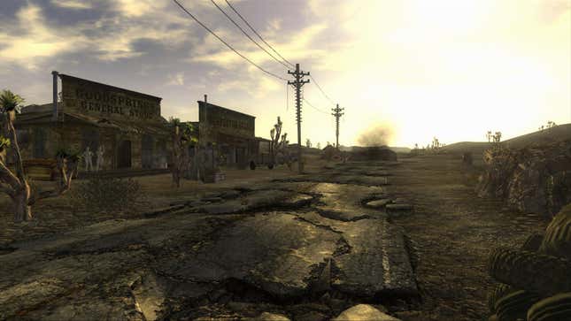 The sun shines over the dilapidated first town in Fallout: New Vegas.